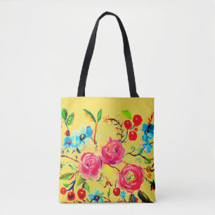 Tote Bag Rose et cerise fleurie Jaune