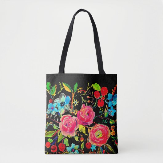 Tote Bag Rose et cerisier en fleurs Noir (Devant)