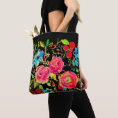 Tote Bag Rose et cerisier en fleurs Noir (De près)