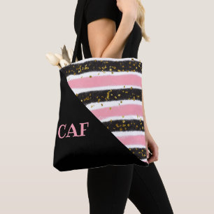 Tote Bag Rose et rayures noires avec paillettes dorées mono