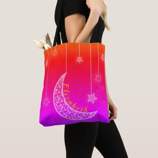 Tote Bag Rose et rouge vif avec étoiles et lune (De près)