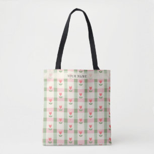 Tote Bag Rose et vert à carreaux personnalisés motif tulipe