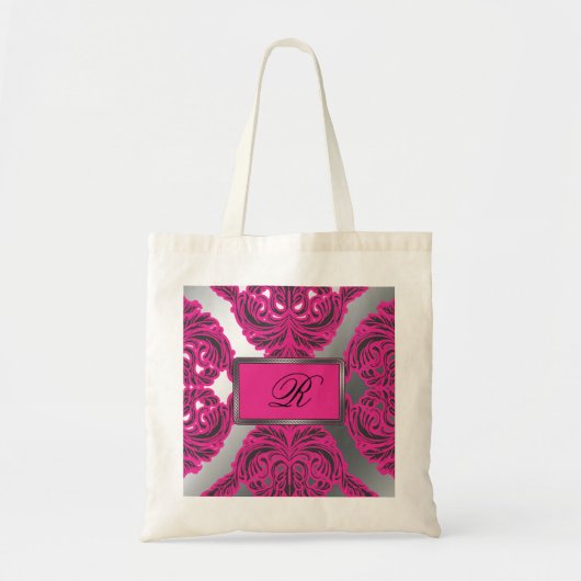Tote Bag Rose fleuri de damassé, noir, argent (Devant)