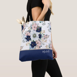 Tote Bag Rose Fleurie Bleu Marine avec Nom