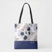 Tote Bag Rose florale bleu marine avec nom (Devant)