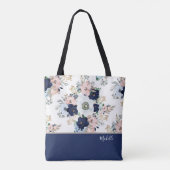 Tote Bag Rose florale bleu marine avec nom (Dos)