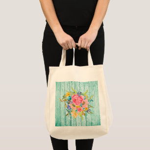 Tote Bag Rose florale en aquarelle sur fond aqua écaillé