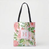 Tote Bag Rose Florale Rose Pêche Aquarelle Joli Monogramme (Devant)