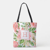 Tote Bag Rose Florale Rose Pêche Aquarelle Joli Monogramme (Dos)