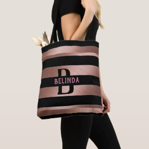 Tote Bag Rose Gold Black Striped Cadeau Monogramme HER