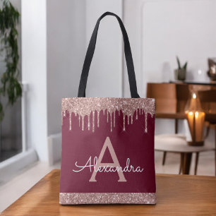 Tote Bag Rose Gold Burgundy Glitter Monogramme Élégant T