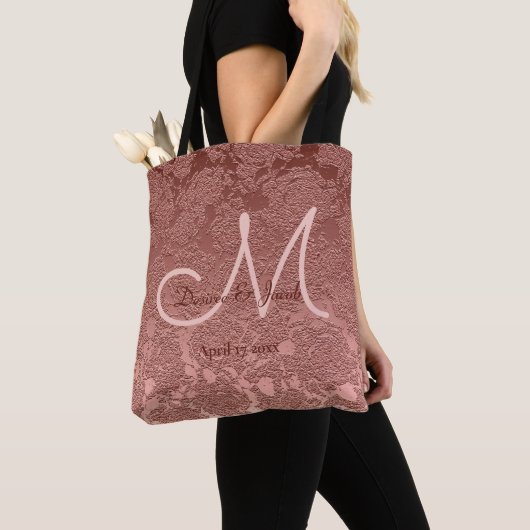 Tote Bag Rose Gold Elegant Mariage Réception Monogramme (De près)