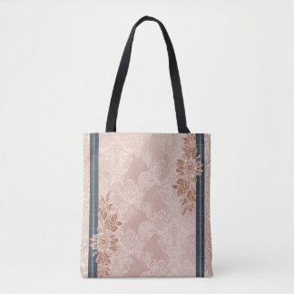 Tote Bag Rose Gold Floral Navy Blush Rose Élégant en Dentel