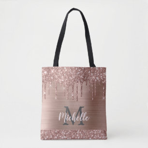 Tote Bag Rose Gold Glitter Drips on Pink Metal Monogrammed