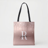 Tote Bag Rose Gold Glitter Drips Rose Métal Monogramme Fémi (Devant)