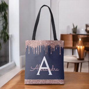 Tote Bag Rose Gold Navy Blue Paillettes Monogramme Élégant