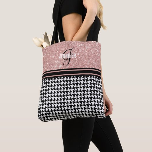Tote Bag Rose Gold Parties scintillant Houndstooth Nom mono (De près)