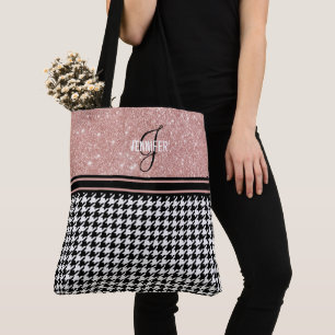 Tote Bag Rose Gold Parties scintillant Houndstooth nom mono