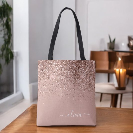 Tote Bag Rose Gold Poudré Monogramme Nom Paillettes