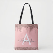 Tote Bag Rose Gold Rose Blush Pailleté Monogramme Élégant (Devant)