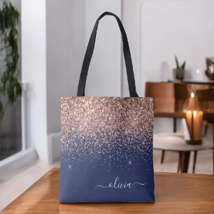 Tote Bag Rose Gold Rose Pâle Bleu Marine Pailleté Monogramm