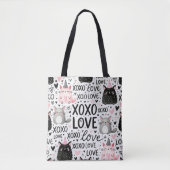 TOTE BAG ROSE NOIR GRIS VALENTINE CHATS MICE & KISSES (Devant)