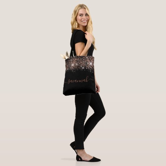 Tote Bag Rose noir parties scintillant or script monogramme (Sur le modèle)