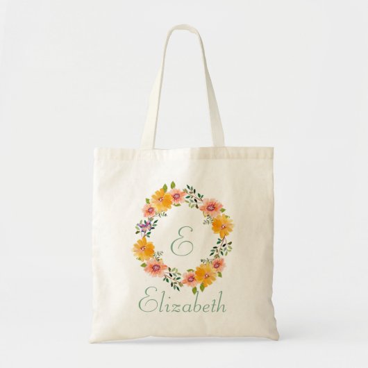 Tote Bag Rose Orange Floral Monogrammé Nom Demoiselle d'Hon (Devant)