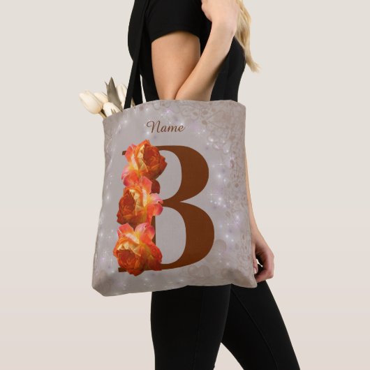 Tote Bag Rose orange Monogramme initial B Votre nom (De près)