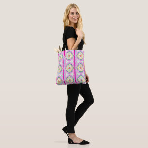 Tote Bag Rose Pâle et Motif Floral Géométrique Doré