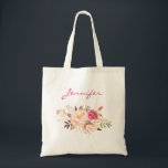 Tote Bag Rose Pâle Floral & Nom<br><div class="desc">Offrez le cadeau d'organisation et aidez-vous avec un sac fourre-tout à cadre floral rose pâle et or personnalisé avec votre nom ou celui de vos amis / famille / cortège de mariée.</div>