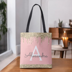 Tote Bag Rose Pâle Monogramme Élégant Paillettes Or
