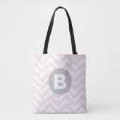 Tote Bag Rose pastel chevron et monogramme gris à points (Devant)