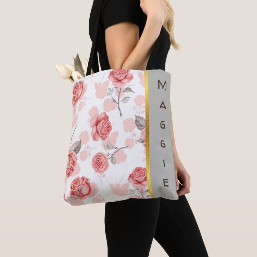 Tote Bag Rose personnalisé sur Rose blanc design (De près)
