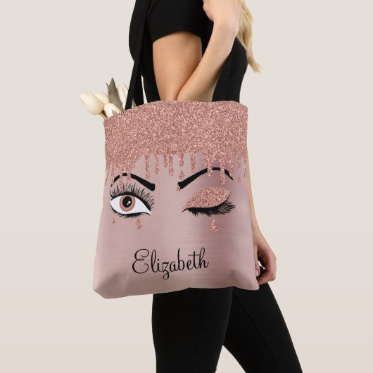 Tote Bag Rose Pink Gold Eyelashes Dripping Glitter (De près)