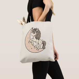 Tote Bag Rose Pivoine Céleste Lune et Étoiles Licorne
