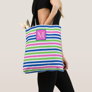 Tote Bag Rose Prépa Vert et Bleu Marine Rayures Monogramme