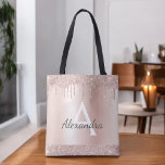 Tote Bag Rose Rose Or Blush Parties scintillant rose élégan<br><div class="desc">Rose Rose Or et Blush rose Faux Étincelle et Parties scintillant à goutte Métallique Acier Inoxydable Foil Élégant Sac Livre Monogramme. Ce sac de livre peut être customisé pour inclure votre nom initial et prénom et donné comme cadeau pour Noël,  Sweet 16 Anniversaire,  Fête des mariées ou un Mariage.</div>
