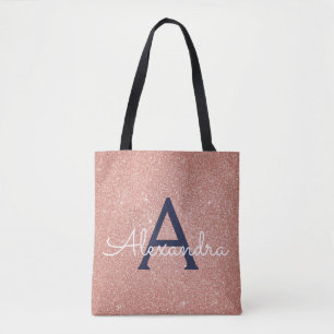 Tote Bag Rose Rose Or Marine Bleu étincelle Élégant Monogra