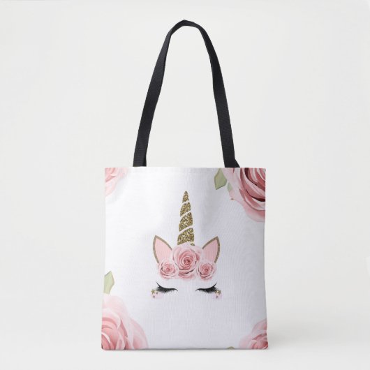 Tote Bag Rose Roses Or Parties scintillant Unicorn Trendy C (Devant)