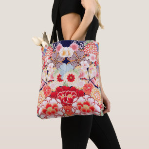 Tote Bag ROSE ROUGE BLANC FLEURS pivoines, Floral japonais