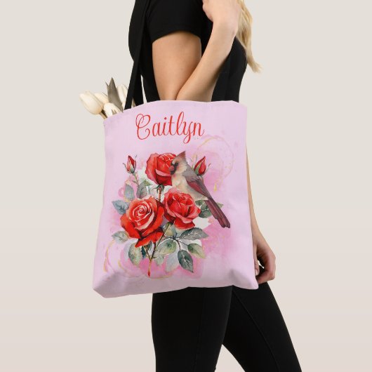Tote Bag Rose rouge et cardinal (De près)