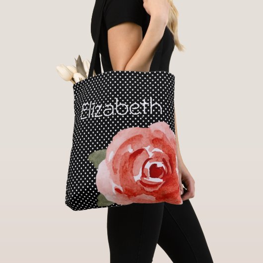 Tote Bag Rose rouge sur pois blancs noirs (De près)