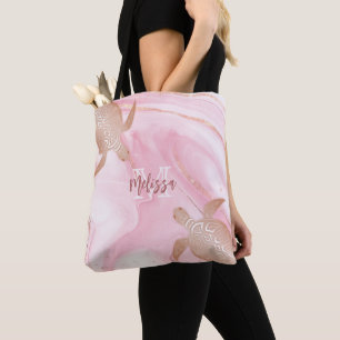 Tote Bag Rose Tortue d'or Blush Marble Monogramme Votre nom