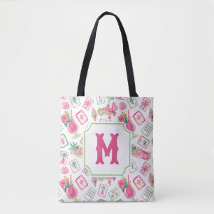 Tote Bag Rose & Vert Palm Beach Mahjong & Mixers Monogramme