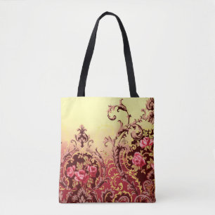 Tote Bag Rose victorien élégant floral vintage or rouge