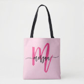 Tote Bag Rose vif Moderne Écriture Féminine Monogramme Nom (Devant)