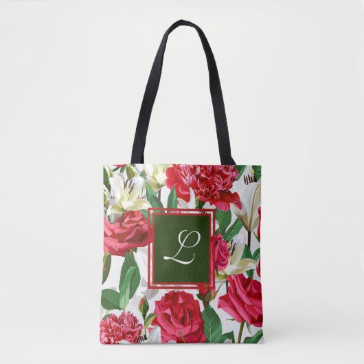 Tote Bag Roses blanches rouges Fleurs florales Monogramme p (Devant)