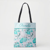 Tote Bag Roses Bleus Turquoise, Rayures Grises et Monogramm (Devant)