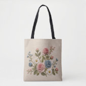 Tote Bag Roses Brodées Blush & Bleu (Devant)